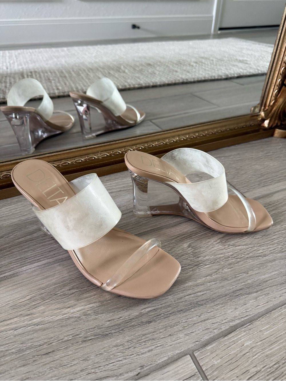 Delta Clear Strap Wedge Mules in White and Nude